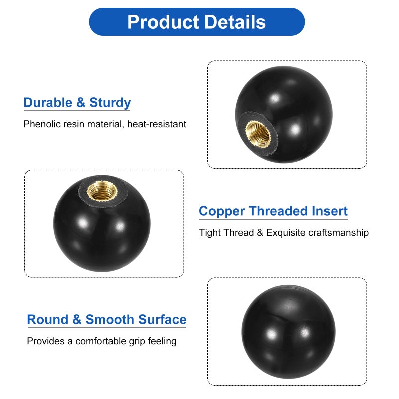 يو إكس سيل مقابض كروية مترابطة من uxcell، مقبض كروي M5 أنثى بخيط حراري 20 مم، مقابض كروية دائرية مع حشوة نحاسية لمقبض رافعة الماكينة، أسود - Image 4